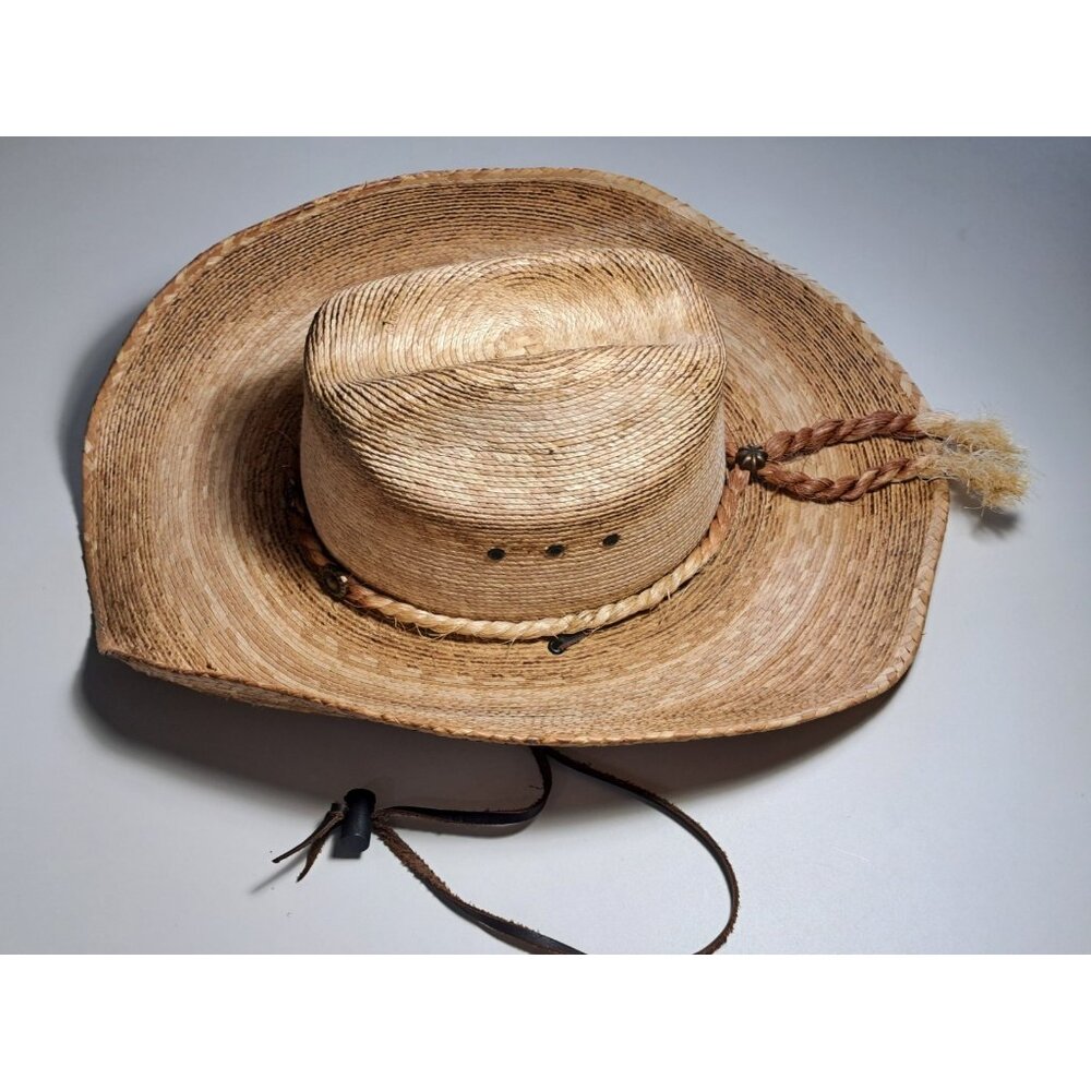 Western Cowboy Hat Authentic Mexico Tan Straw Leather Braided M Men's Farmer